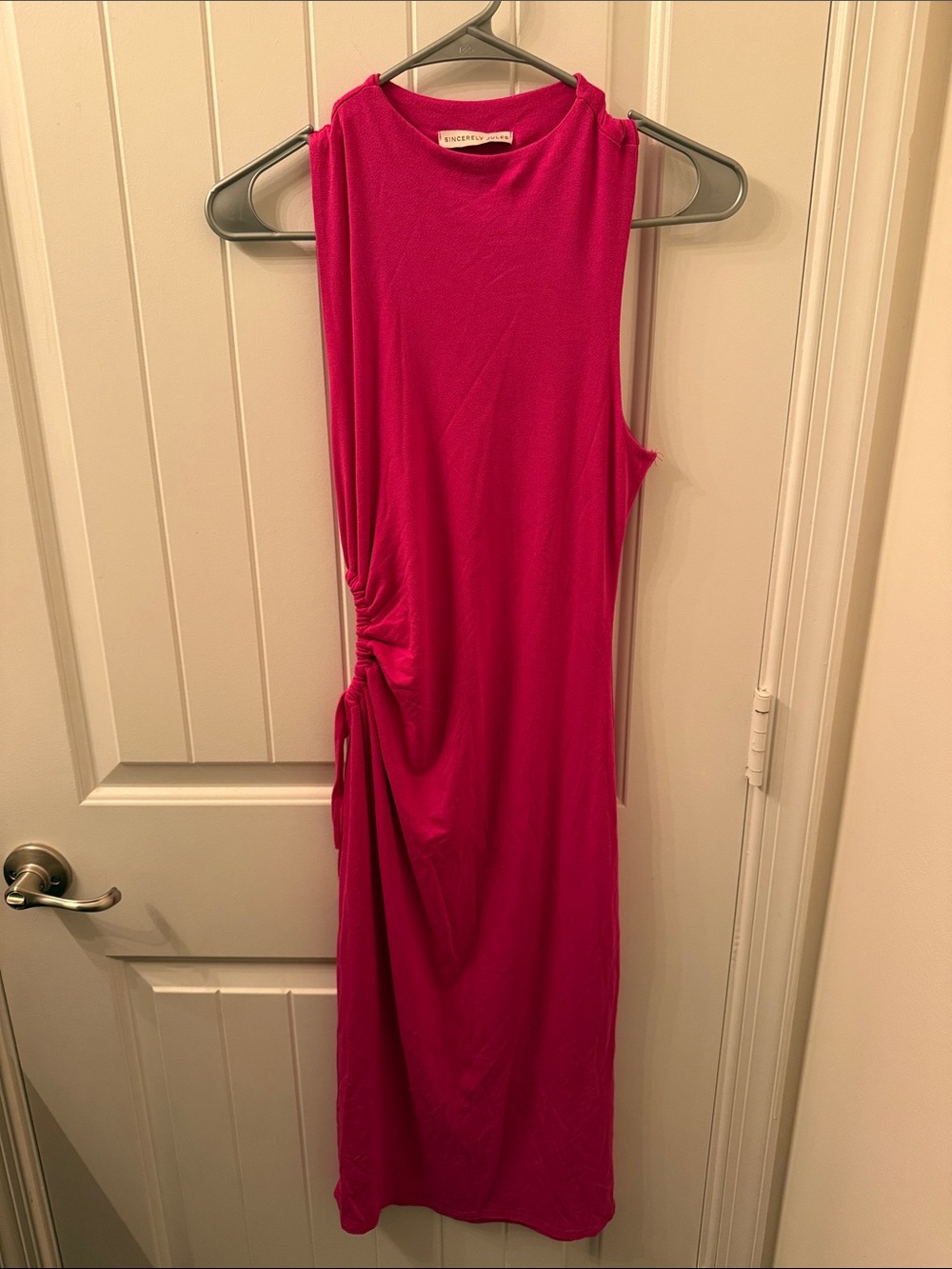 Sincerely Jules Sleeveless Ruched Midi Dress in Fuchsia